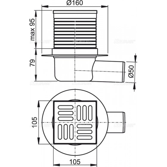 Sifon pardoseala 105×105/50 mm AlcaPlast APV1 iesire laterala